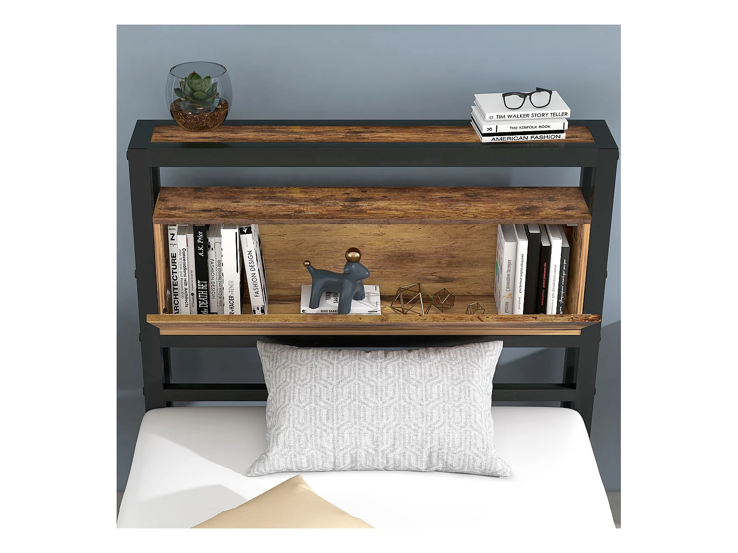 Lit adulte 90x200cm avec tête de lit de rangement, Métal+ MDF, Naturel foncé, sans matelas