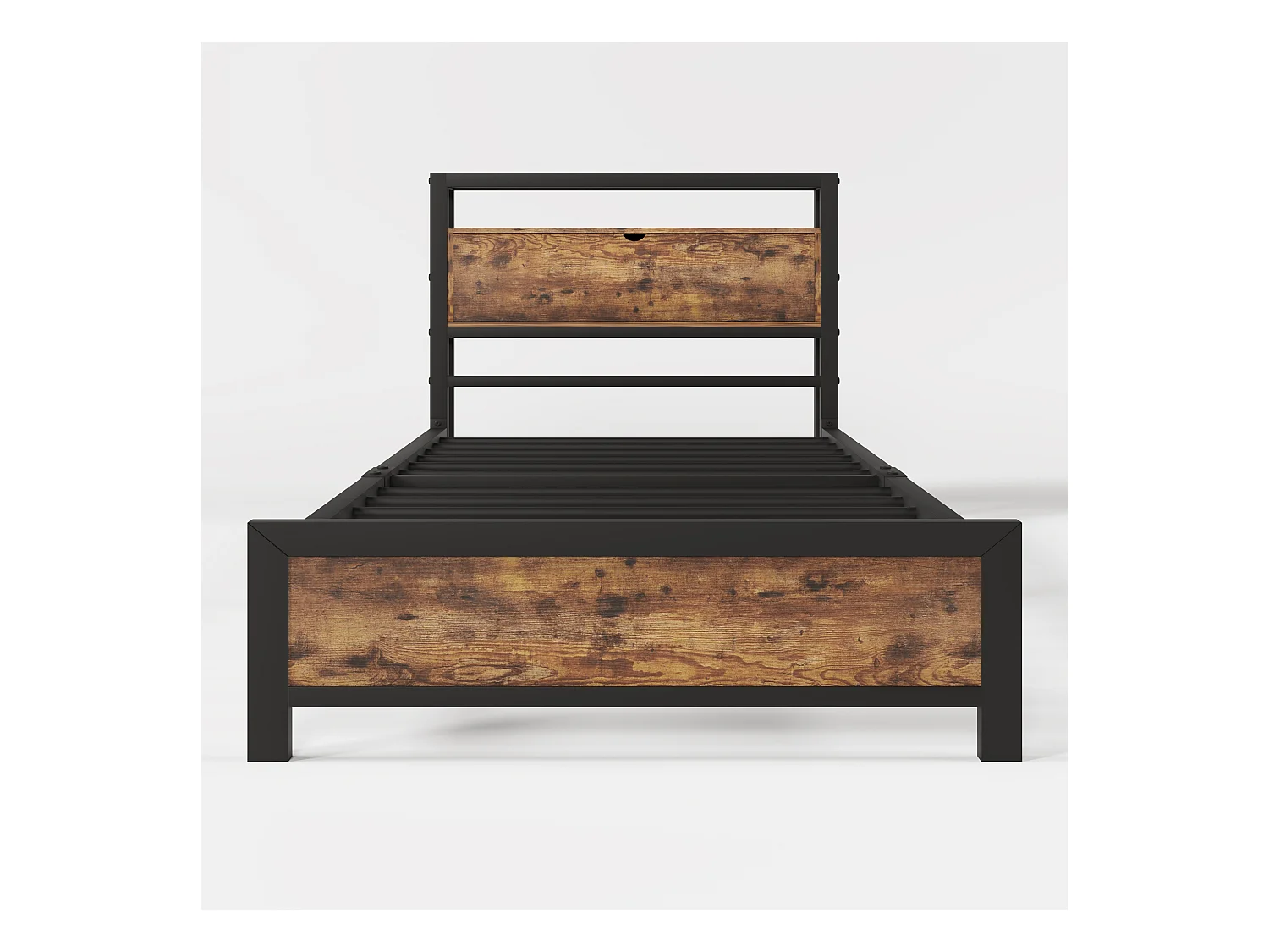 Lit adulte 90x200cm avec tête de lit de rangement, Métal+ MDF, Naturel foncé, sans matelas
