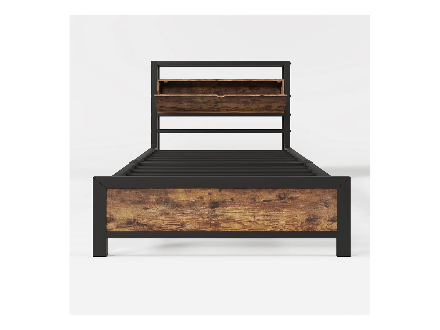Lit adulte 90x200cm avec tête de lit de rangement, Métal+ MDF, Naturel foncé, sans matelas