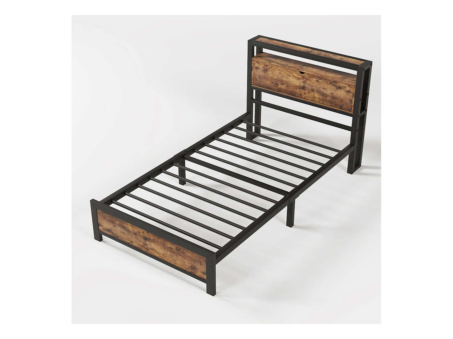 Lit adulte 90x200cm avec tête de lit de rangement, Métal+ MDF, Naturel foncé, sans matelas