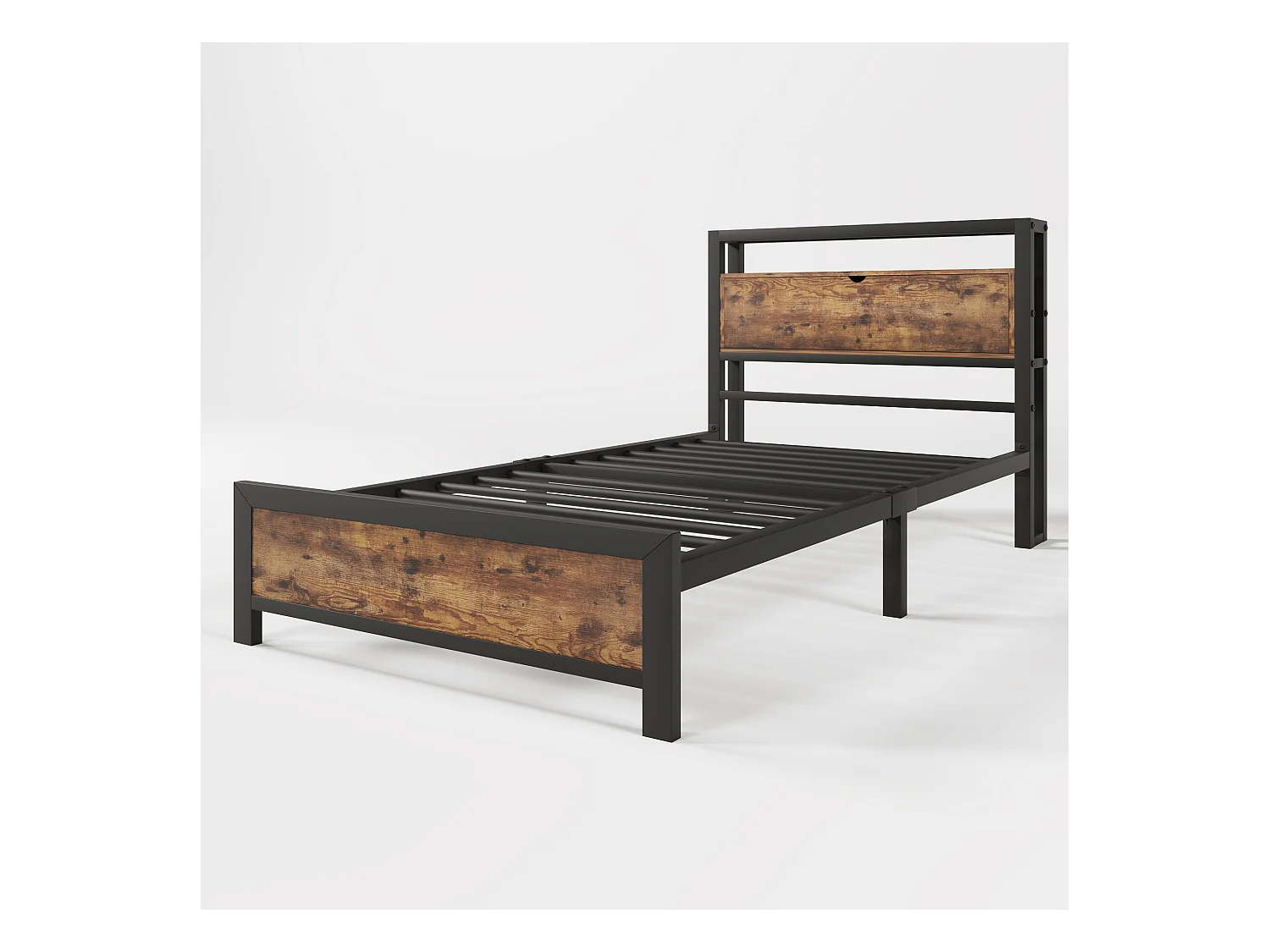 Lit adulte 90x200cm avec tête de lit de rangement, Métal+ MDF, Naturel foncé, sans matelas