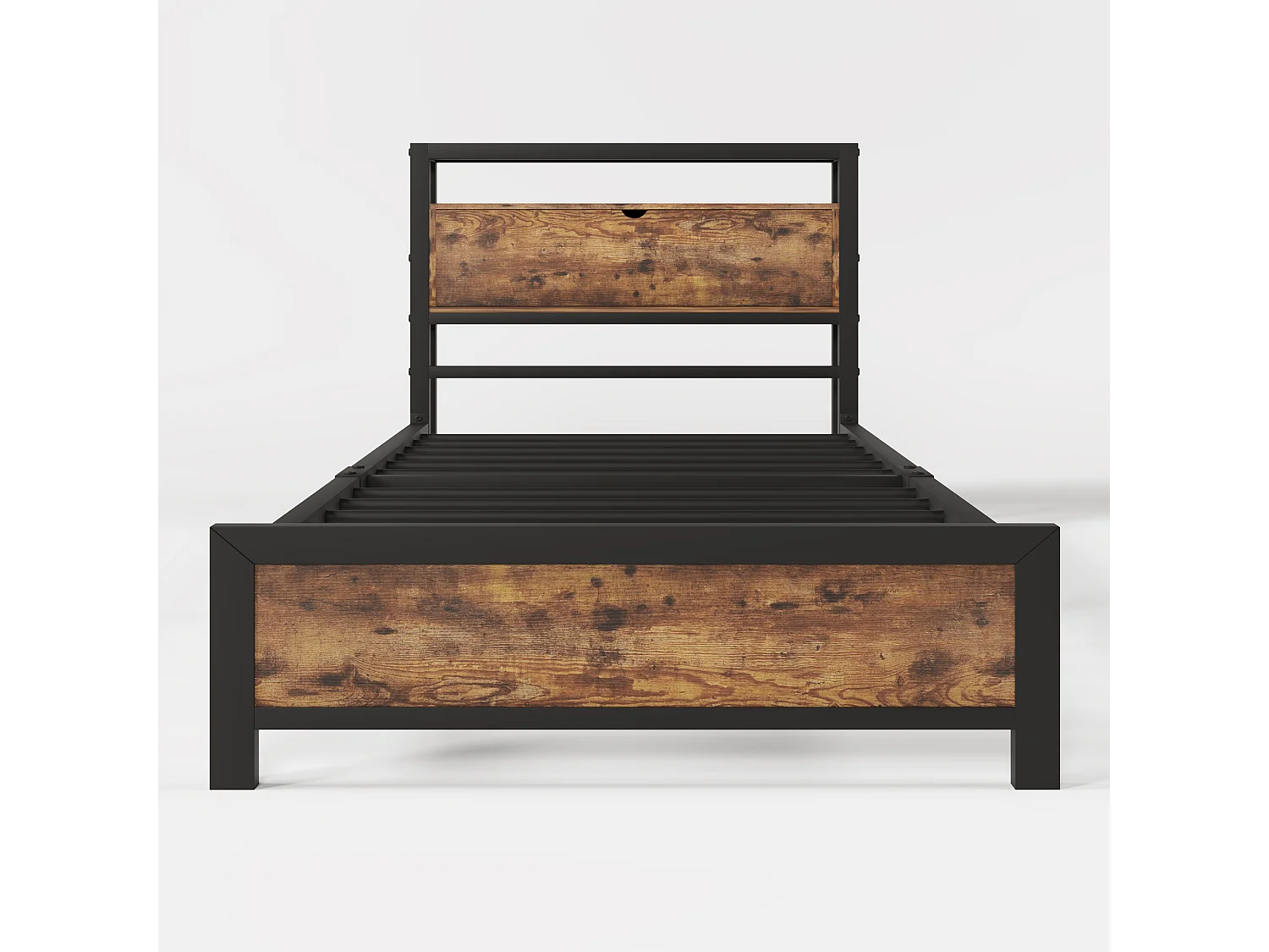 Lit adulte 90x200cm avec tête de lit de rangement, Métal+ MDF, Naturel foncé, sans matelas