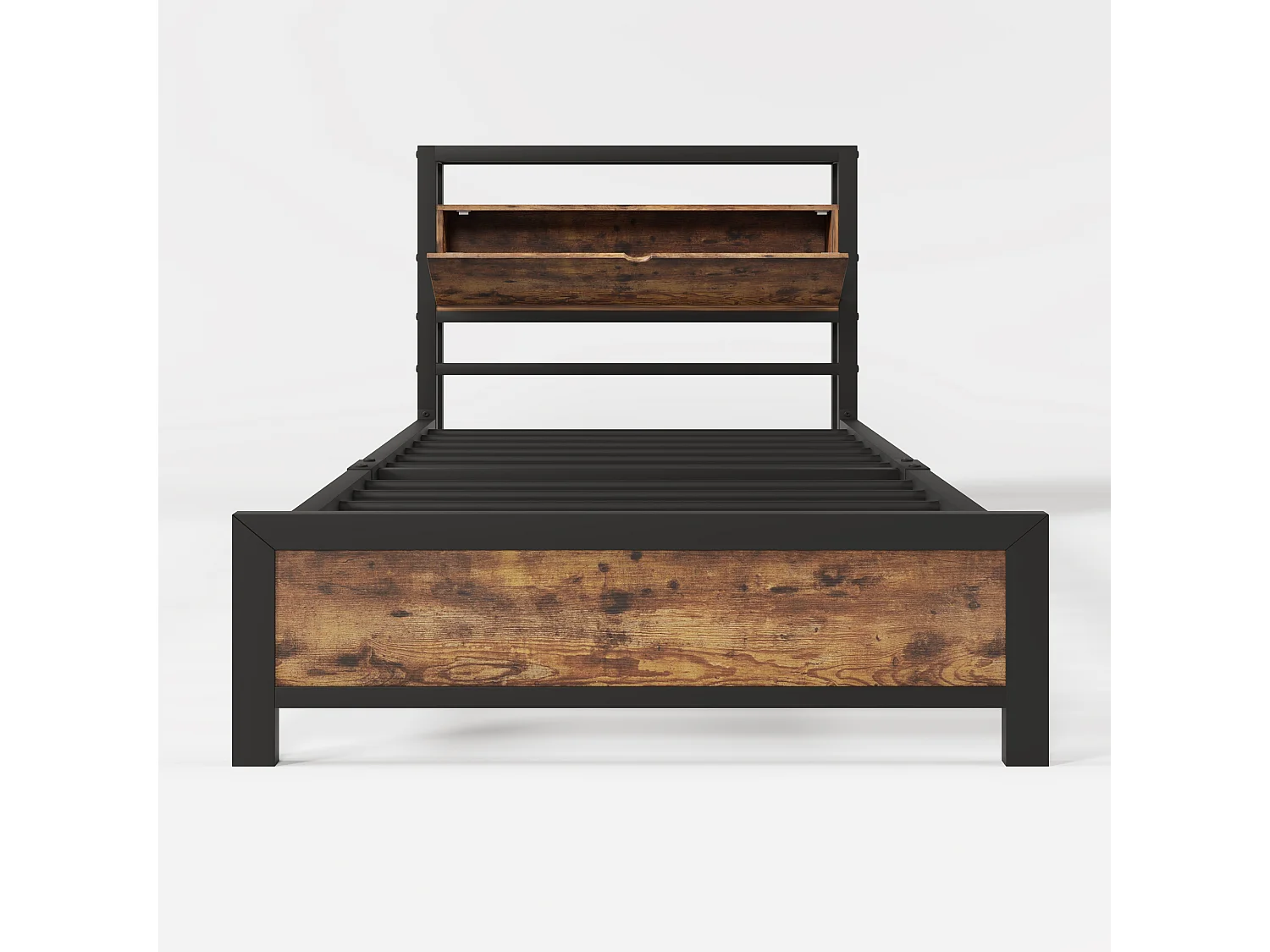 Lit adulte 90x200cm avec tête de lit de rangement, Métal+ MDF, Naturel foncé, sans matelas