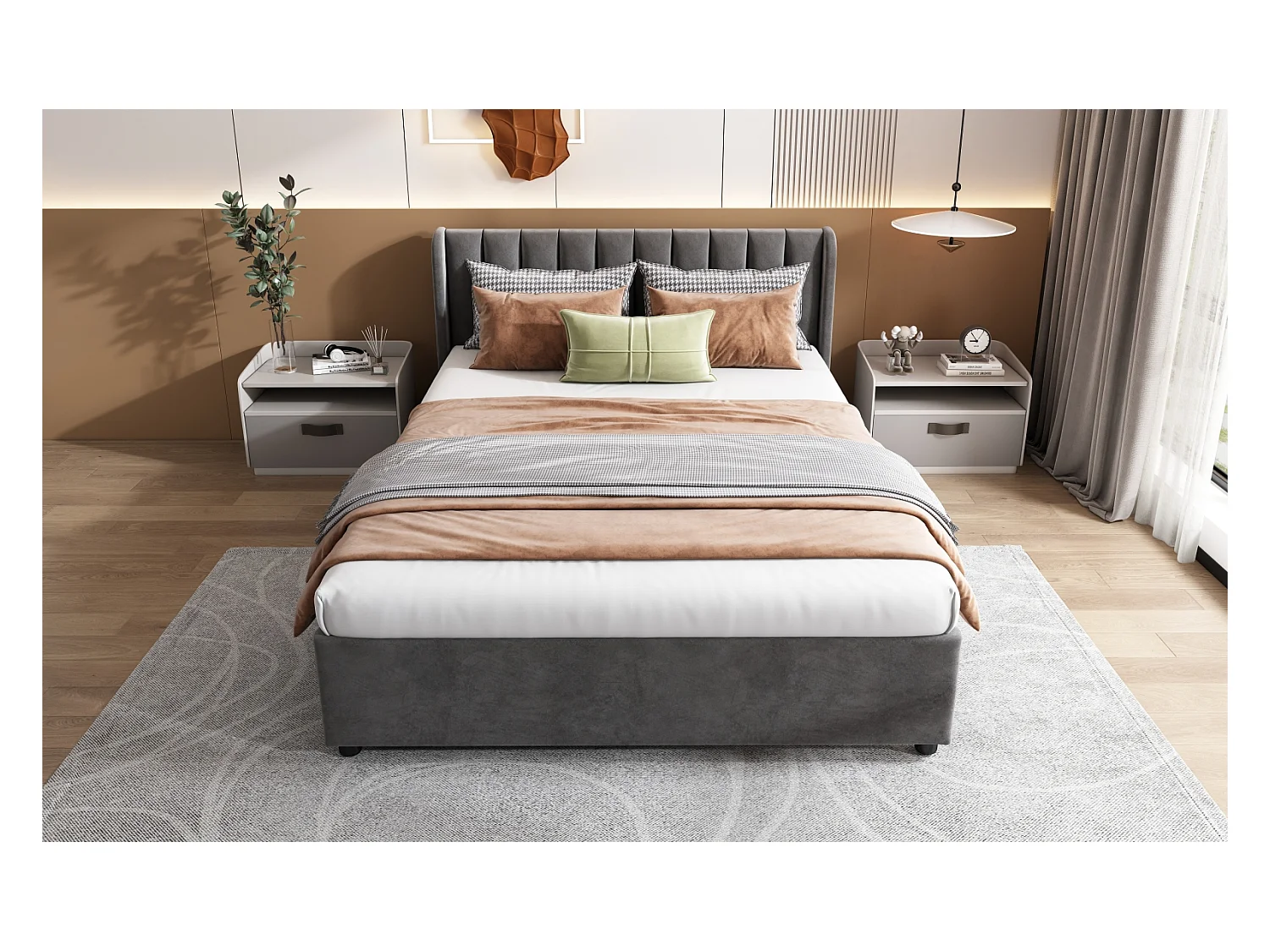 Lit rembourré en velours 140 x 200 cm avec dossier à lattes, 2 tiroirs, gris