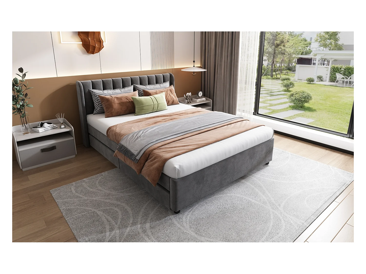 Lit rembourré en velours 140 x 200 cm avec dossier à lattes, 2 tiroirs, gris