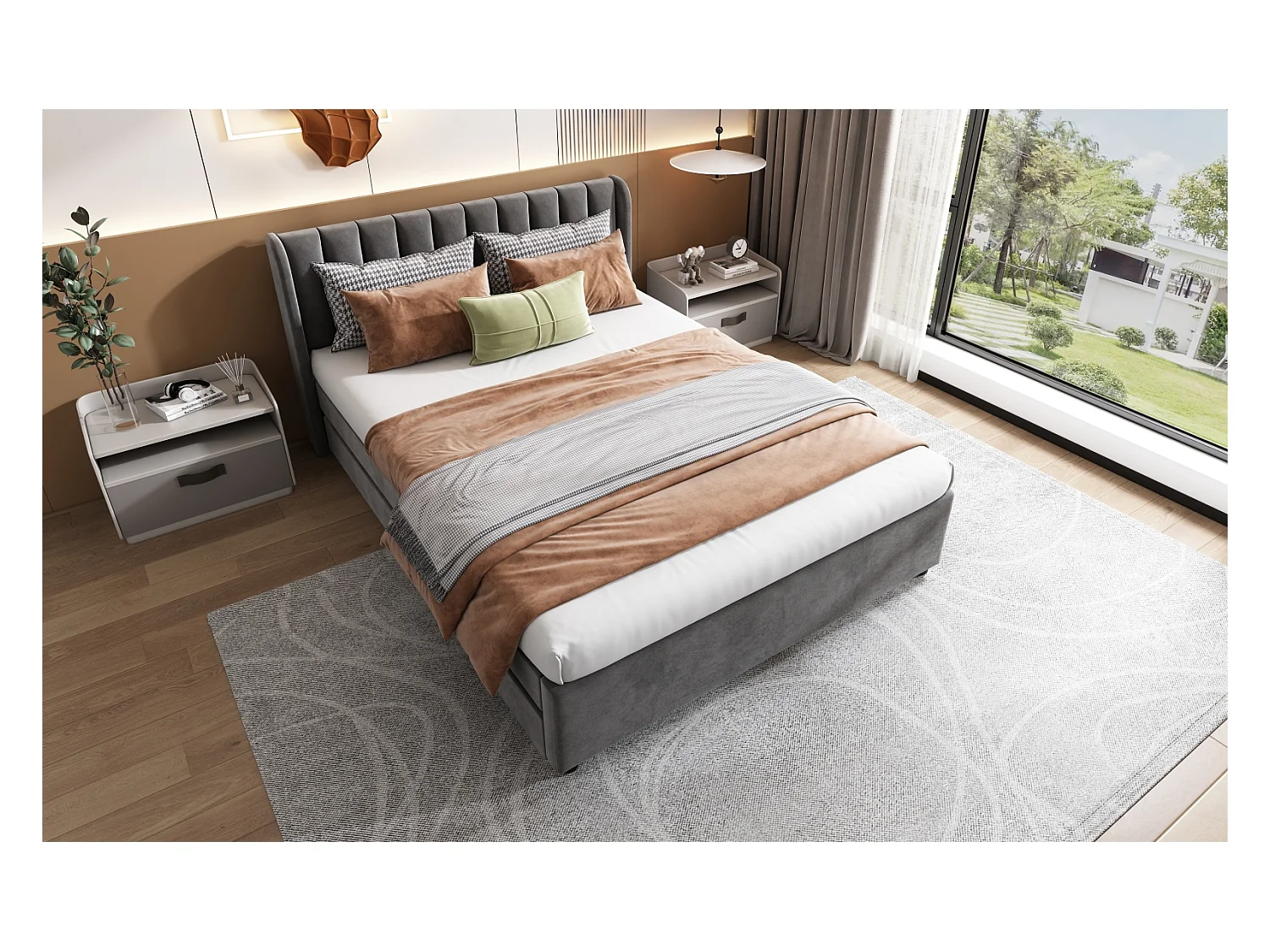 Lit rembourré en velours 140 x 200 cm avec dossier à lattes, 2 tiroirs, gris