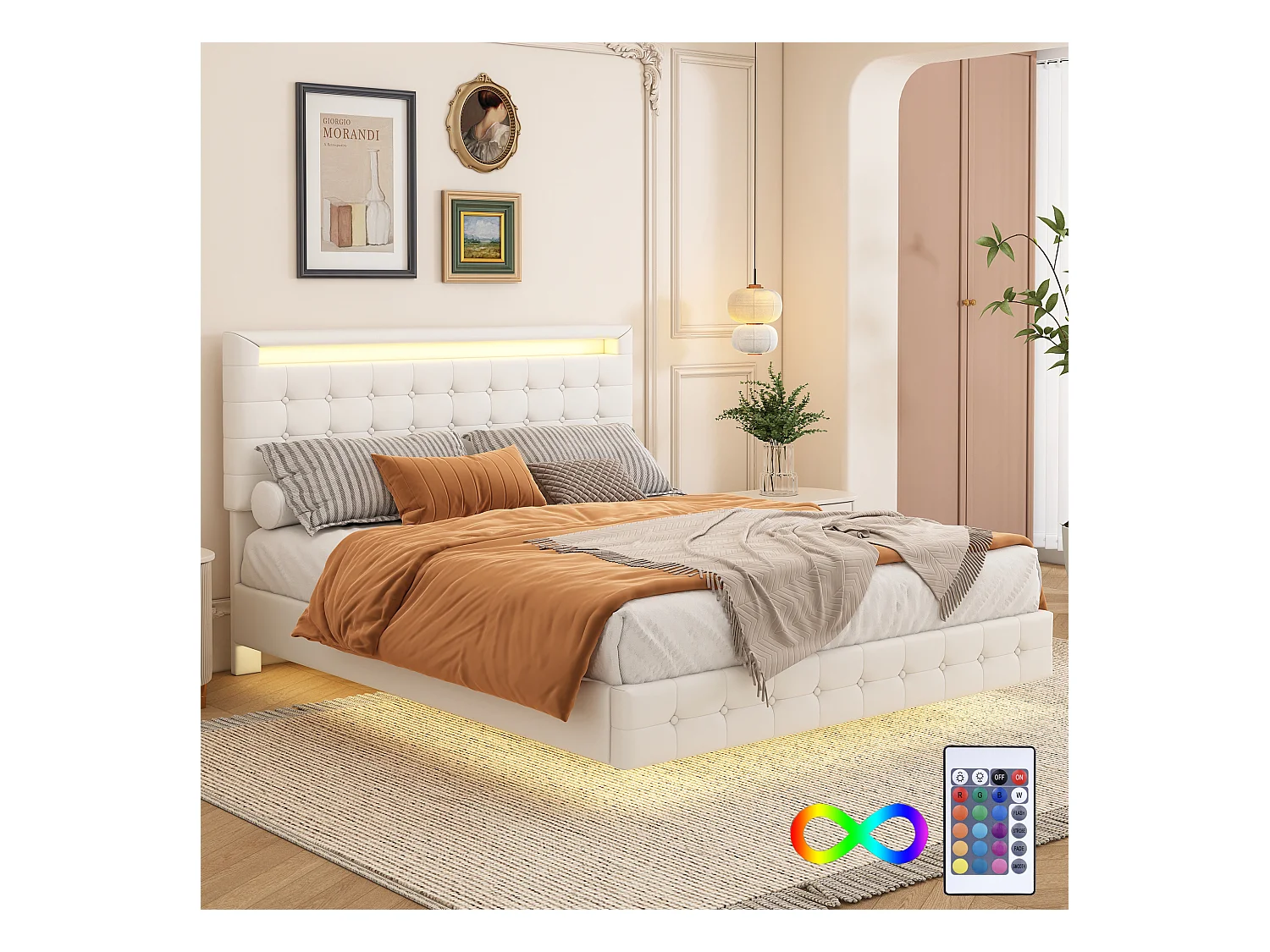 Lit adulte 140x200cm flottant avec LED et tête de lit réglable, sommier à lattes, PU blanc, sans matelas