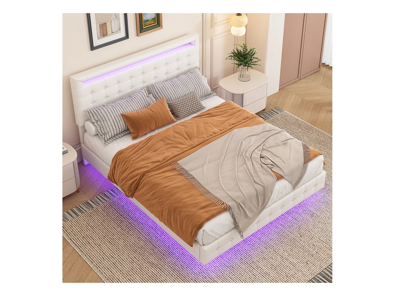 Lit adulte 140x200cm flottant avec LED et tête de lit réglable, sommier à lattes, PU blanc, sans matelas
