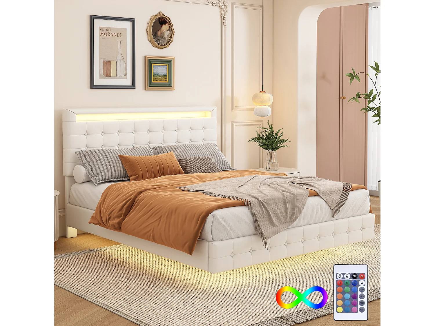 Lit adulte 140x200cm flottant avec LED et tête de lit réglable, sommier à lattes, PU blanc, sans matelas