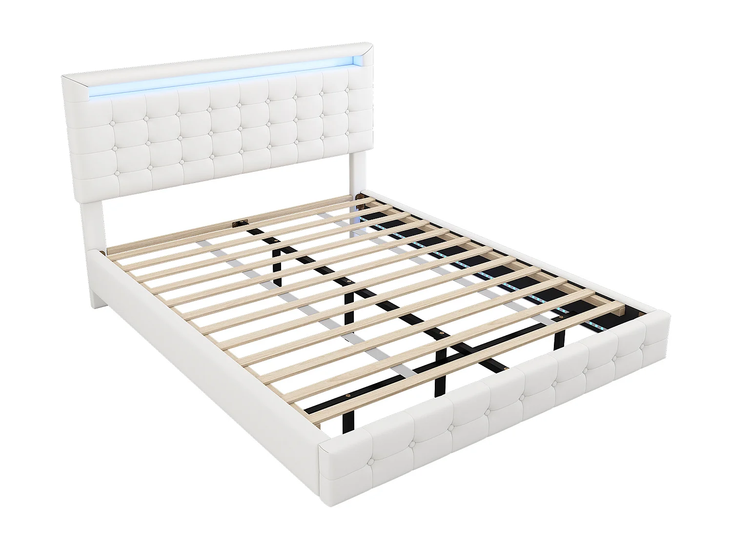 Lit adulte 140x200cm flottant avec LED et tête de lit réglable, sommier à lattes, PU blanc, sans matelas