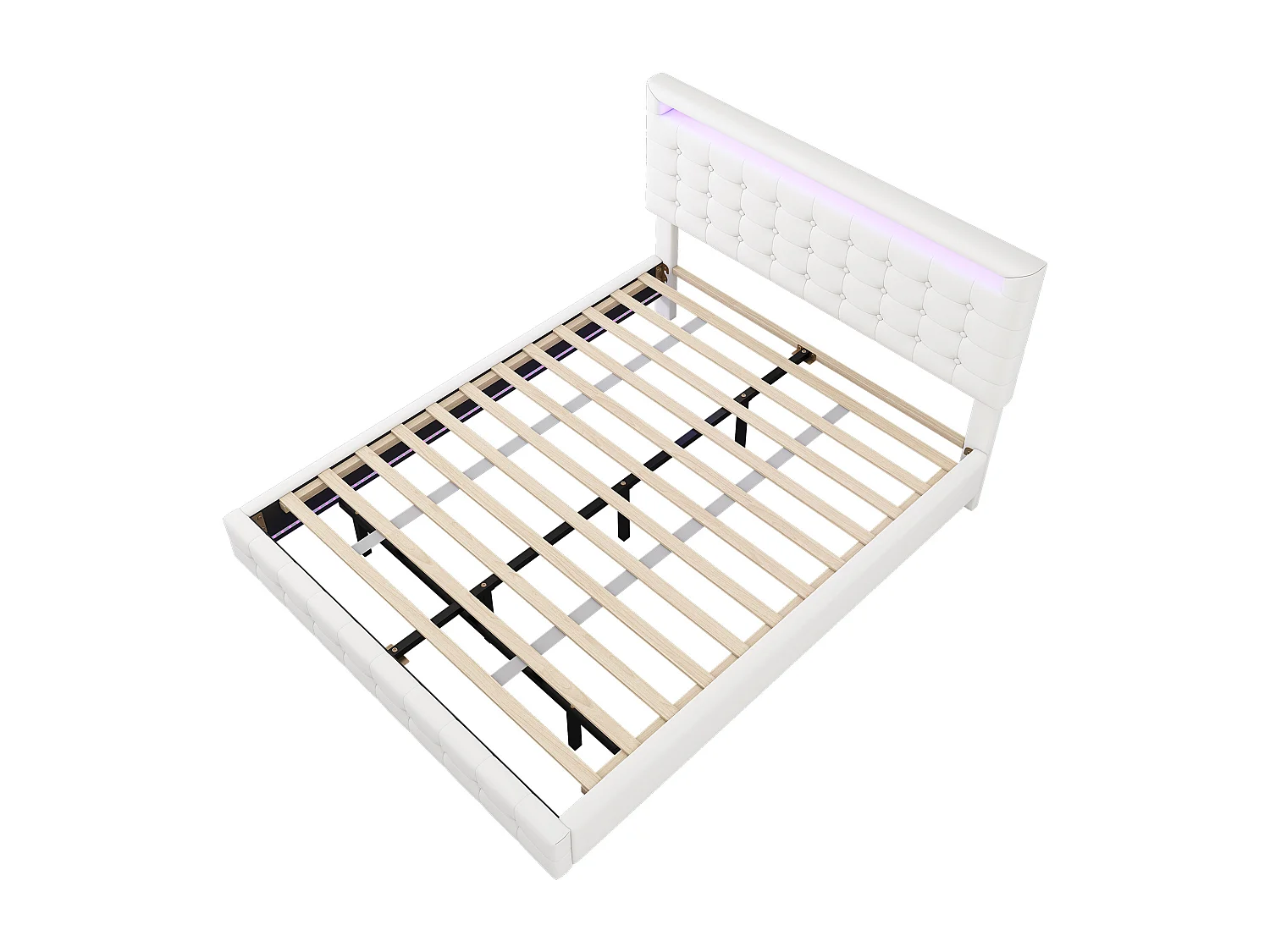 Lit adulte 140x200cm flottant avec LED et tête de lit réglable, sommier à lattes, PU blanc, sans matelas