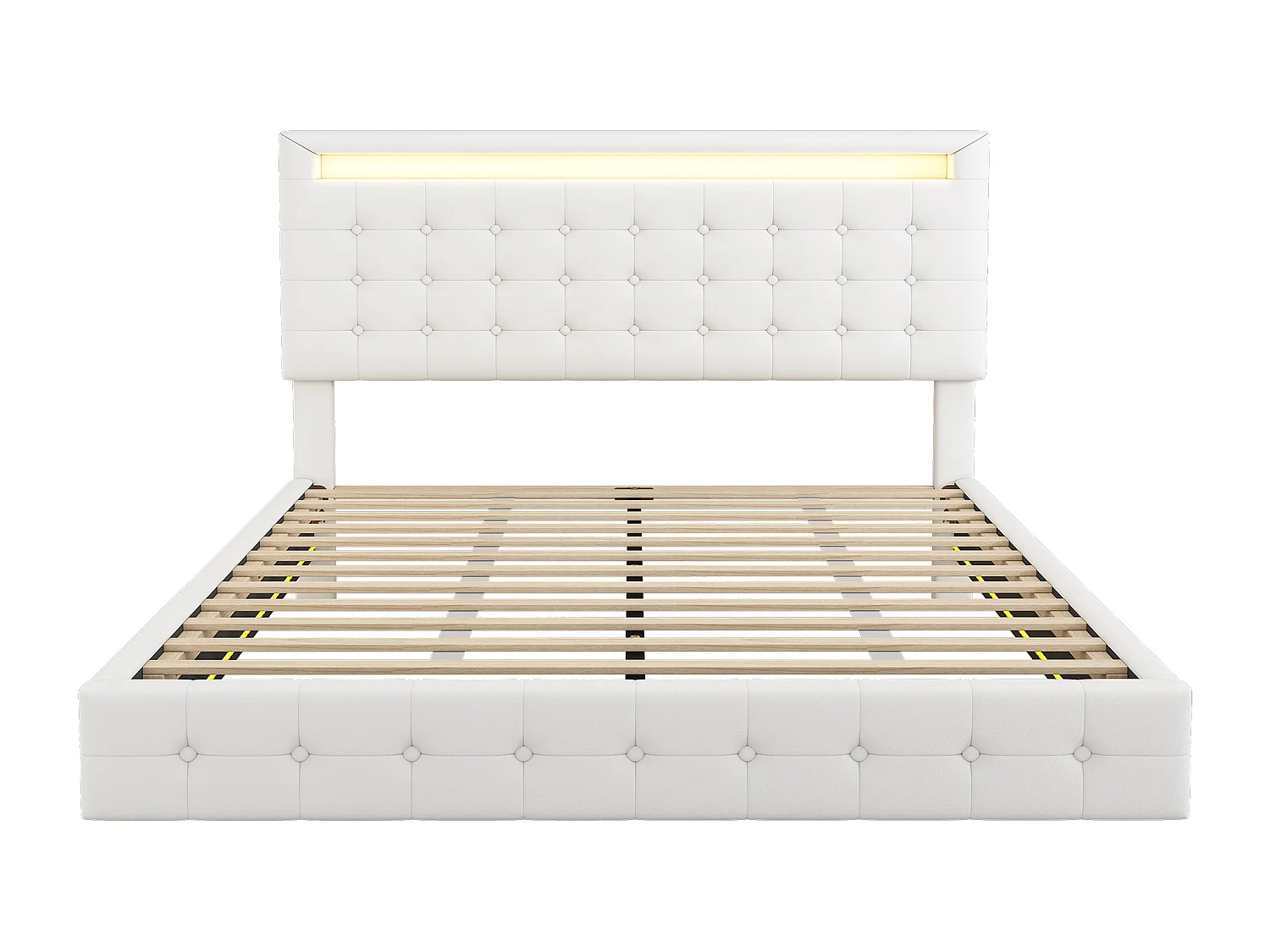 Lit adulte 140x200cm flottant avec LED et tête de lit réglable, sommier à lattes, PU blanc, sans matelas