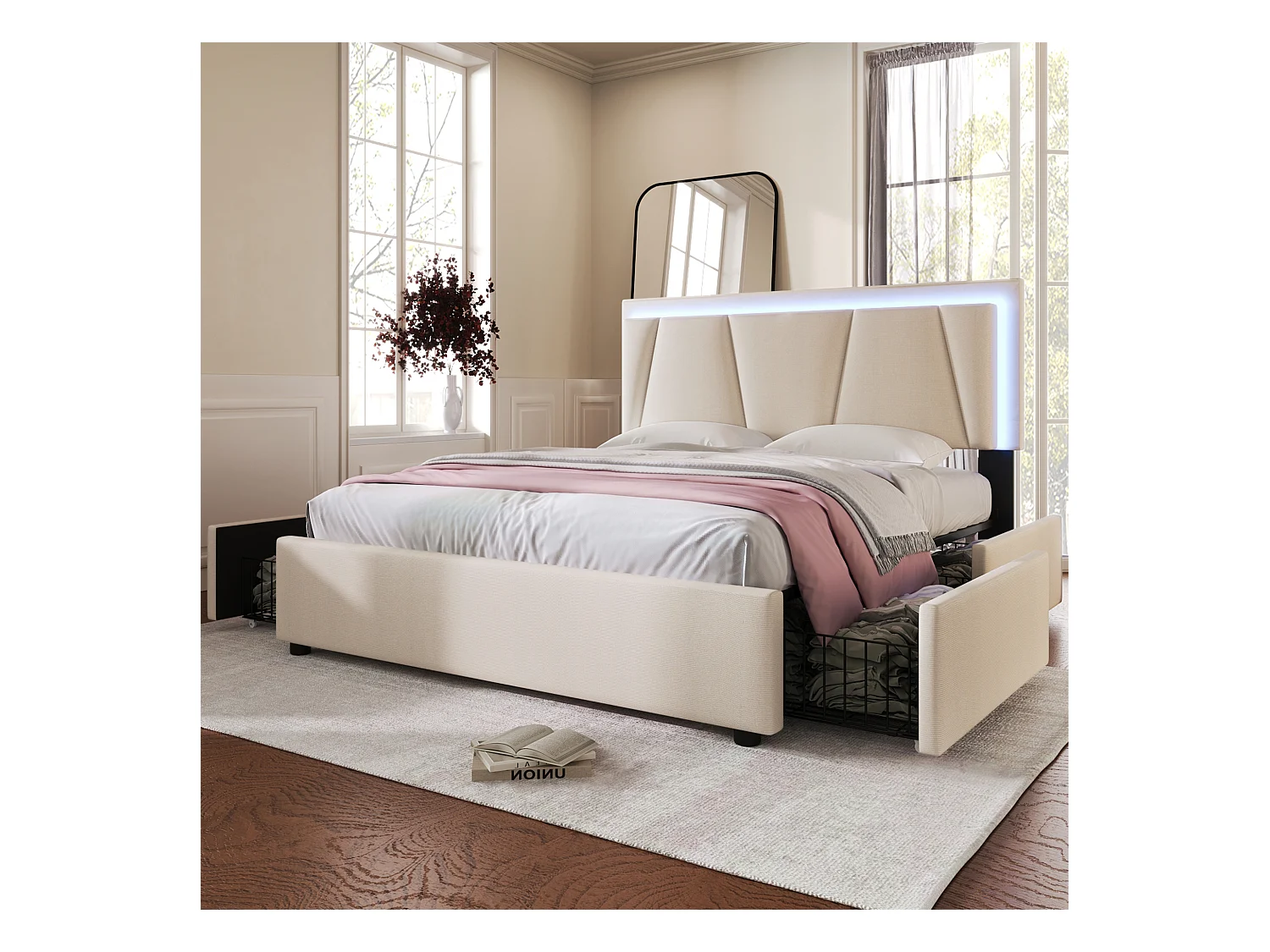 Lit adulte 160x200cm avec 4 tiroirs et LED, tête de lit réglable en hauteur, lin beige, sans matelas