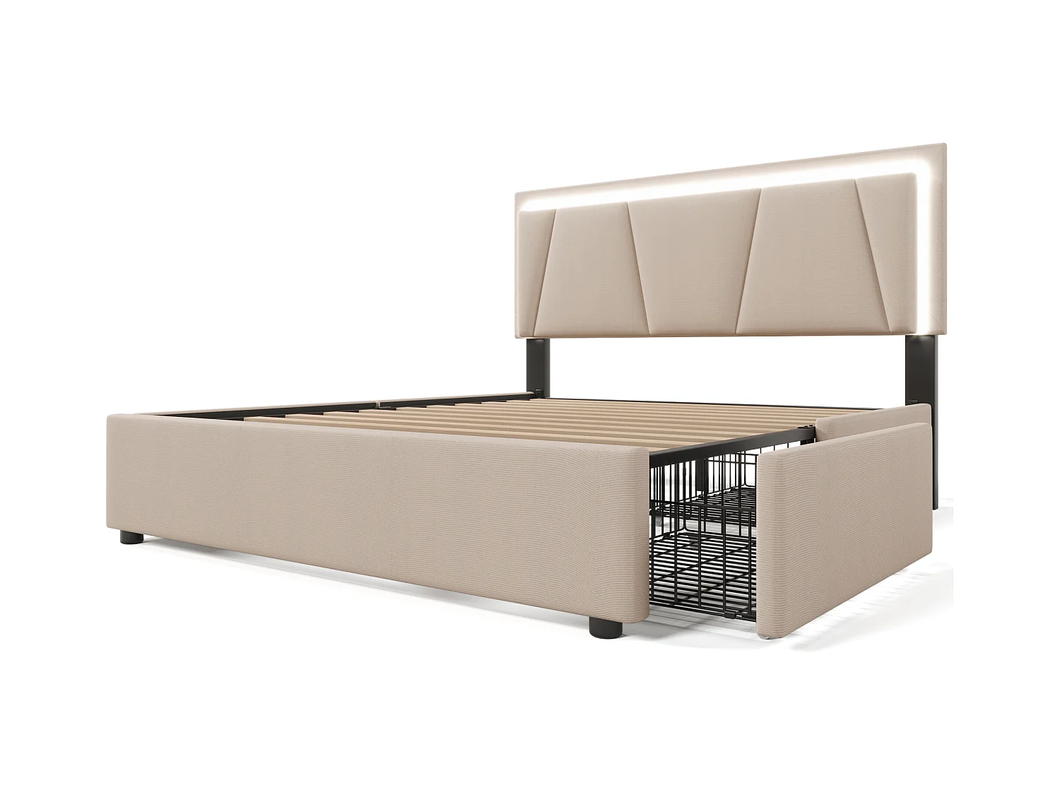 Lit adulte 160x200cm avec 4 tiroirs et LED, tête de lit réglable en hauteur, lin beige, sans matelas