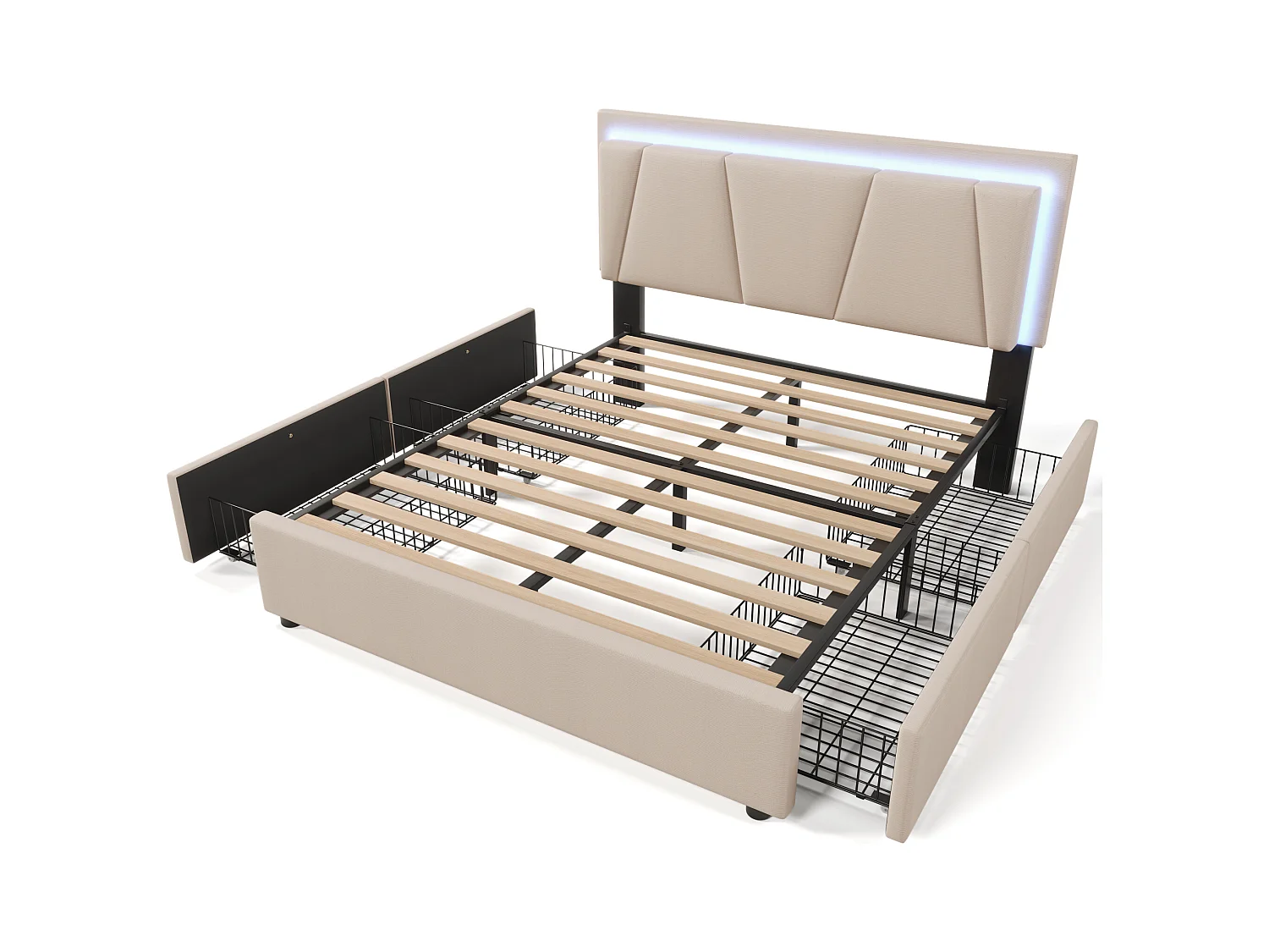 Lit adulte 160x200cm avec 4 tiroirs et LED, tête de lit réglable en hauteur, lin beige, sans matelas