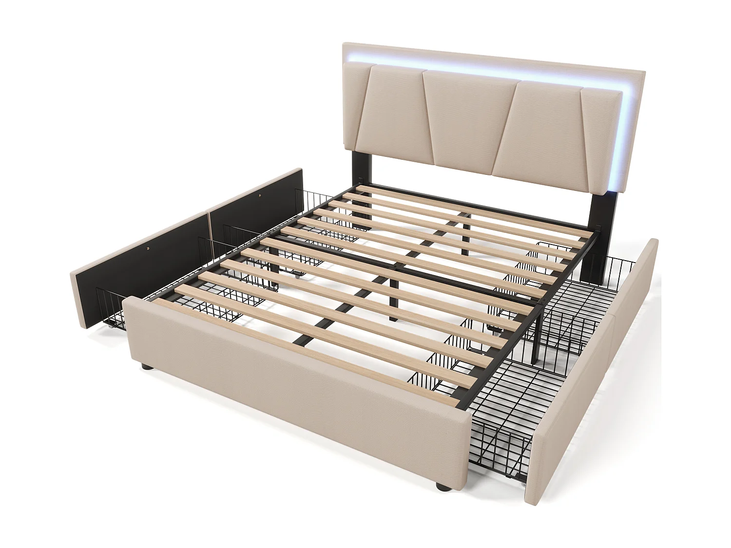 Lit adulte 160x200cm avec 4 tiroirs et LED, tête de lit réglable en hauteur, lin beige, sans matelas