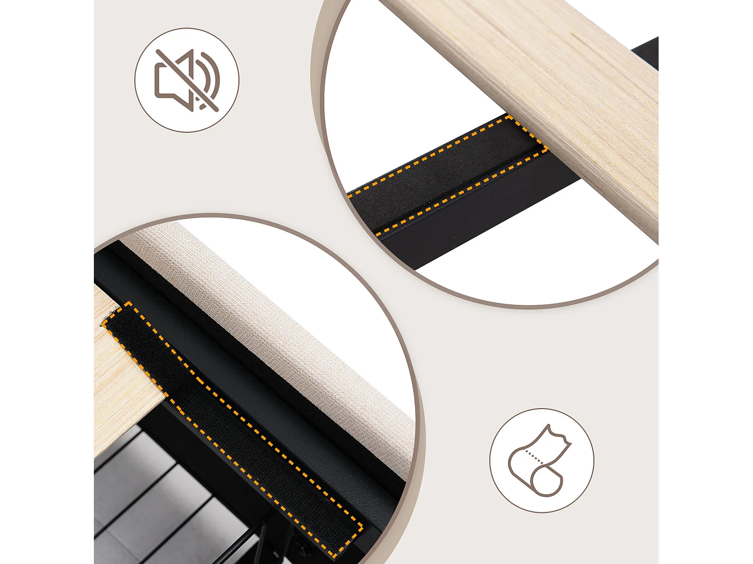 Lit adulte 160x200cm avec 4 tiroirs et LED, tête de lit réglable en hauteur, lin beige, sans matelas