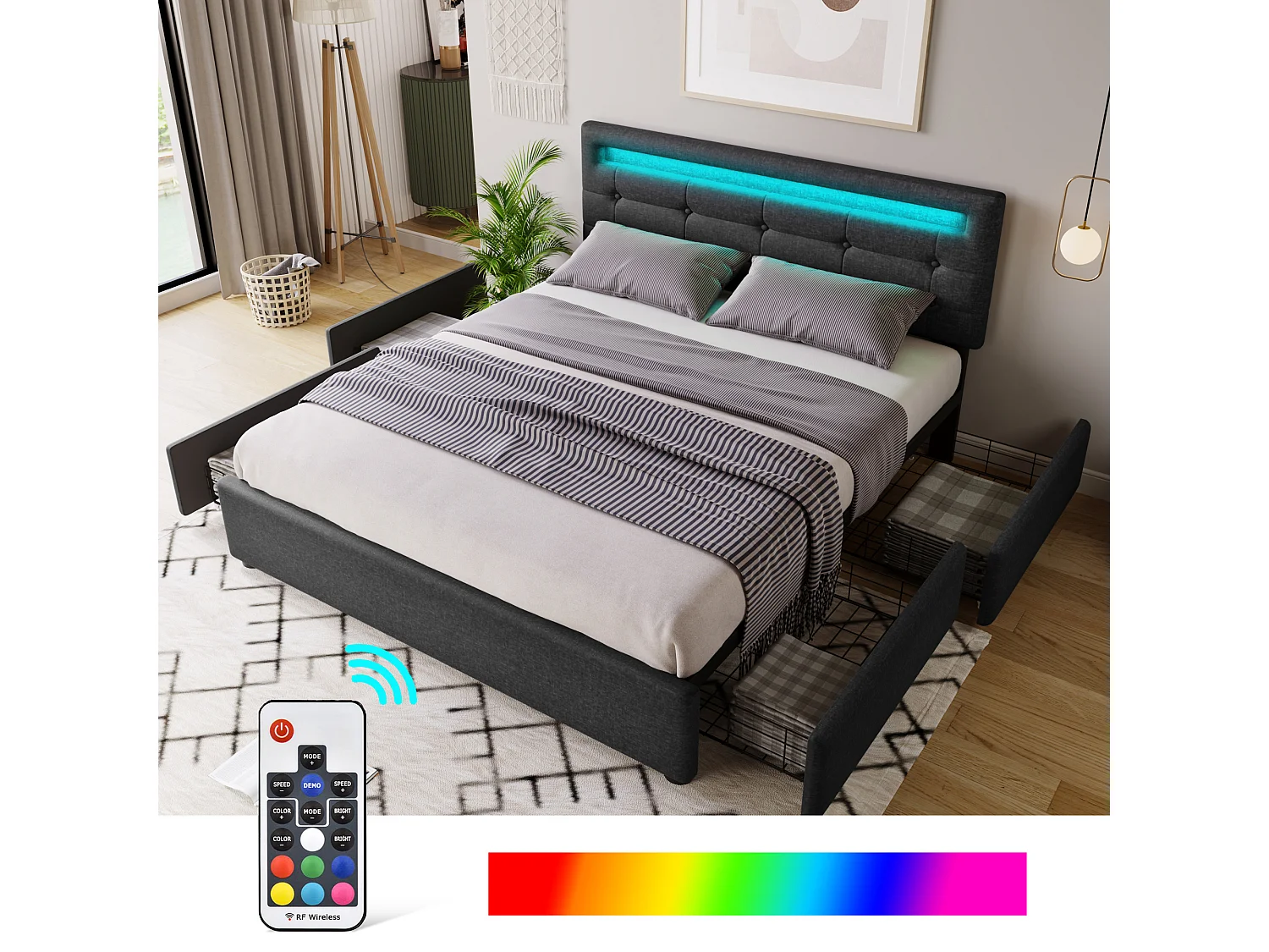 Lit adulte 140x200cm avec 4 tiroirs et LED, tête de lit réglable, lin noir, sans matelas