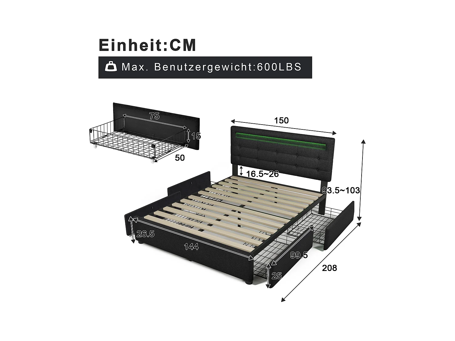 Lit adulte 140x200cm avec 4 tiroirs et LED, tête de lit réglable, lin noir, sans matelas