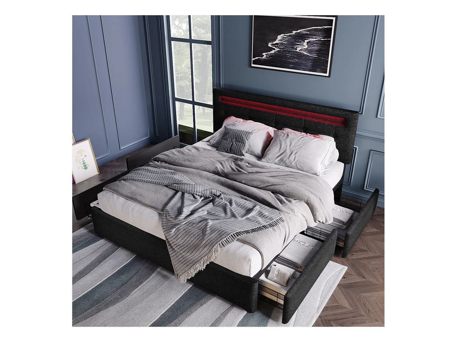 Lit adulte 140x200cm avec 4 tiroirs et LED, tête de lit réglable, lin noir, sans matelas