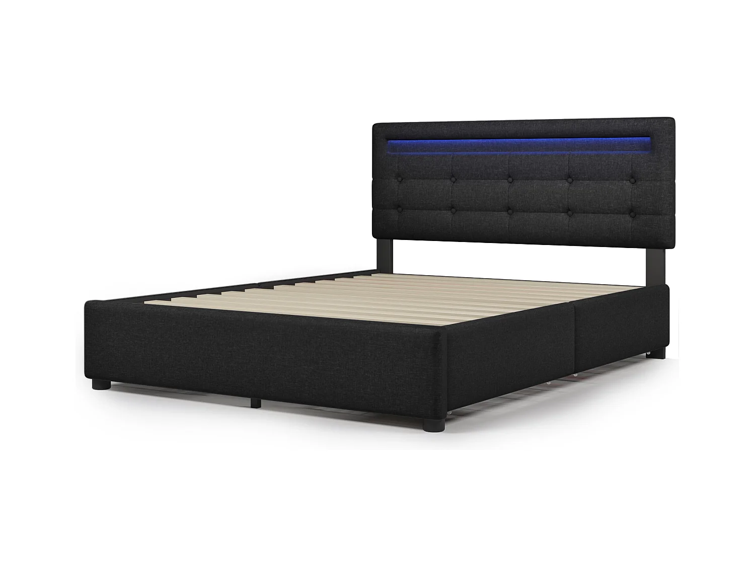 Lit adulte 140x200cm avec 4 tiroirs et LED, tête de lit réglable, lin noir, sans matelas