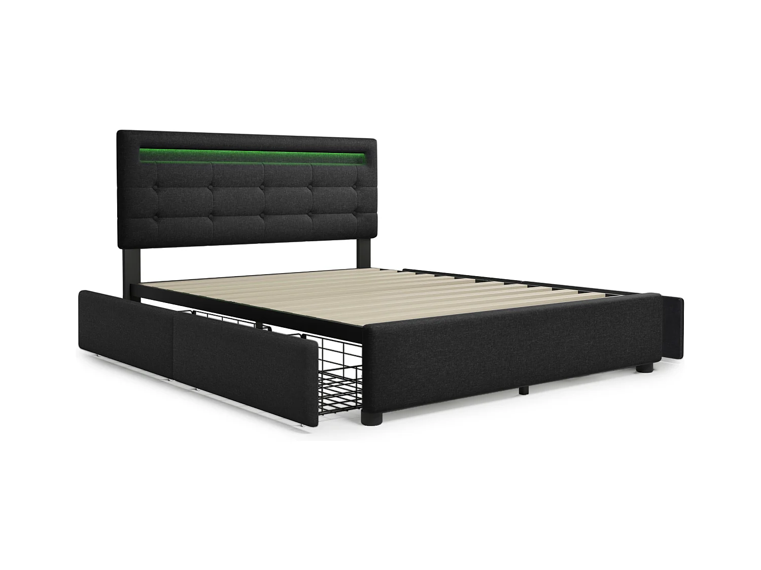 Lit adulte 140x200cm avec 4 tiroirs et LED, tête de lit réglable, lin noir, sans matelas