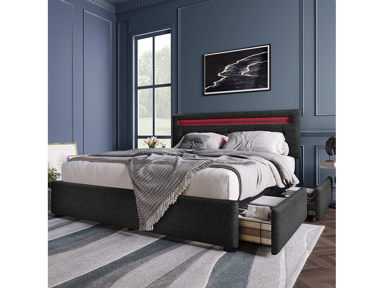 Lit adulte 140x200cm avec 4 tiroirs et LED, tête de lit réglable, lin noir, sans matelas