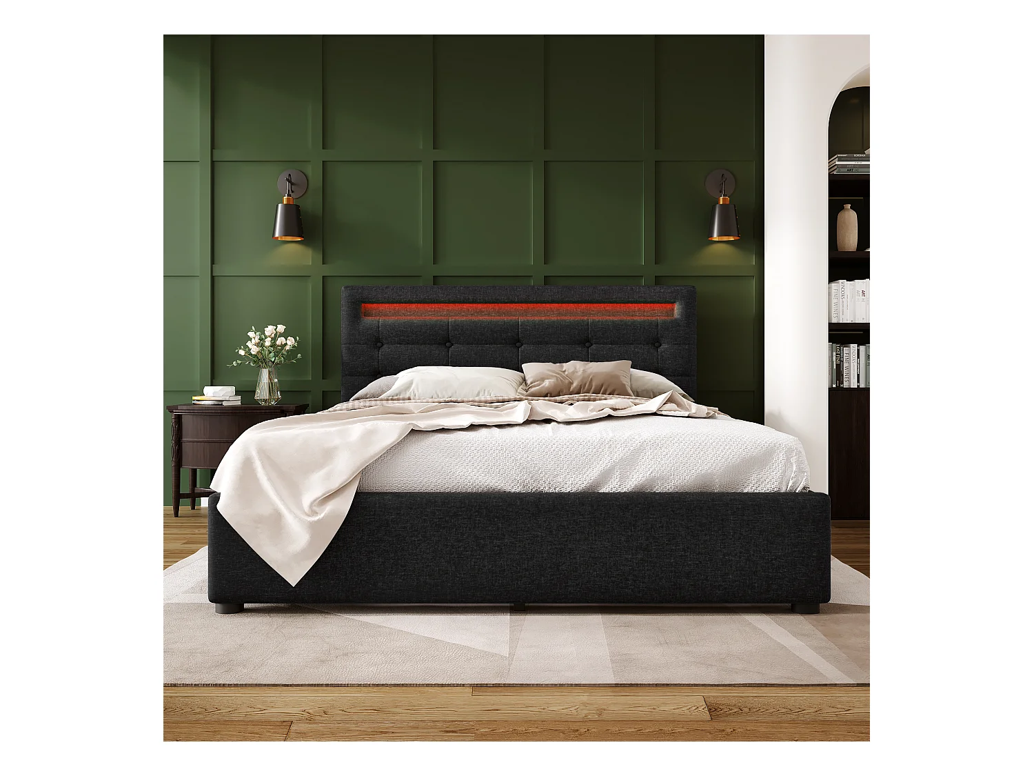 Lit adulte 140x200cm avec 4 tiroirs et LED, tête de lit réglable, lin noir, sans matelas