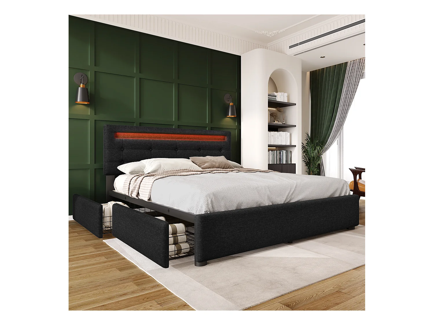 Lit adulte 140x200cm avec 4 tiroirs et LED, tête de lit réglable, lin noir, sans matelas