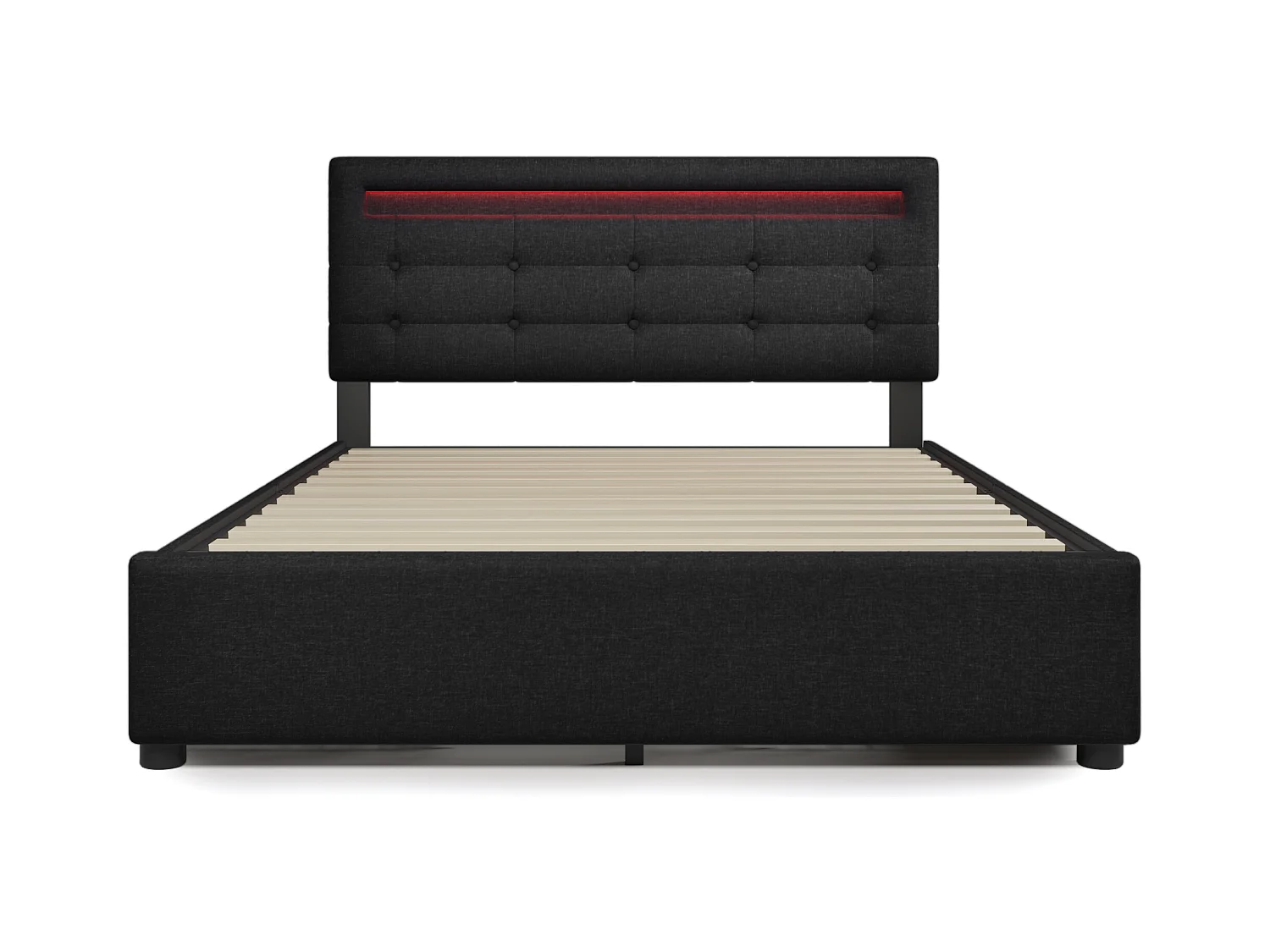 Lit adulte 140x200cm avec 4 tiroirs et LED, tête de lit réglable, lin noir, sans matelas