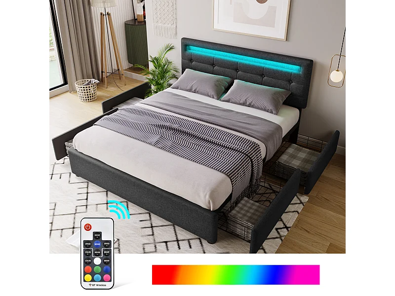 Cama de casal 140x200 cm com 4 gavetas e LED, cabeceira ajustável, linho preto, sem colchão