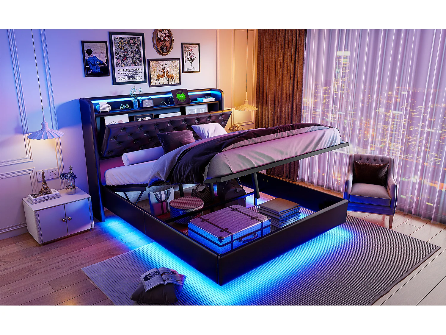 Lit tapis 140x200cm, lit double avec fonction de charge USB, éclairage LED, tête avec espace de rangement, lit suspendu, pieds de lit cachés, finition cuir, noir
