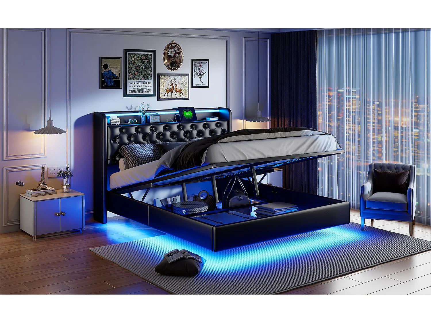 Lit tapis 140x200cm, lit double avec fonction de charge USB, éclairage LED, tête avec espace de rangement, lit suspendu, pieds de lit cachés, finition cuir, noir