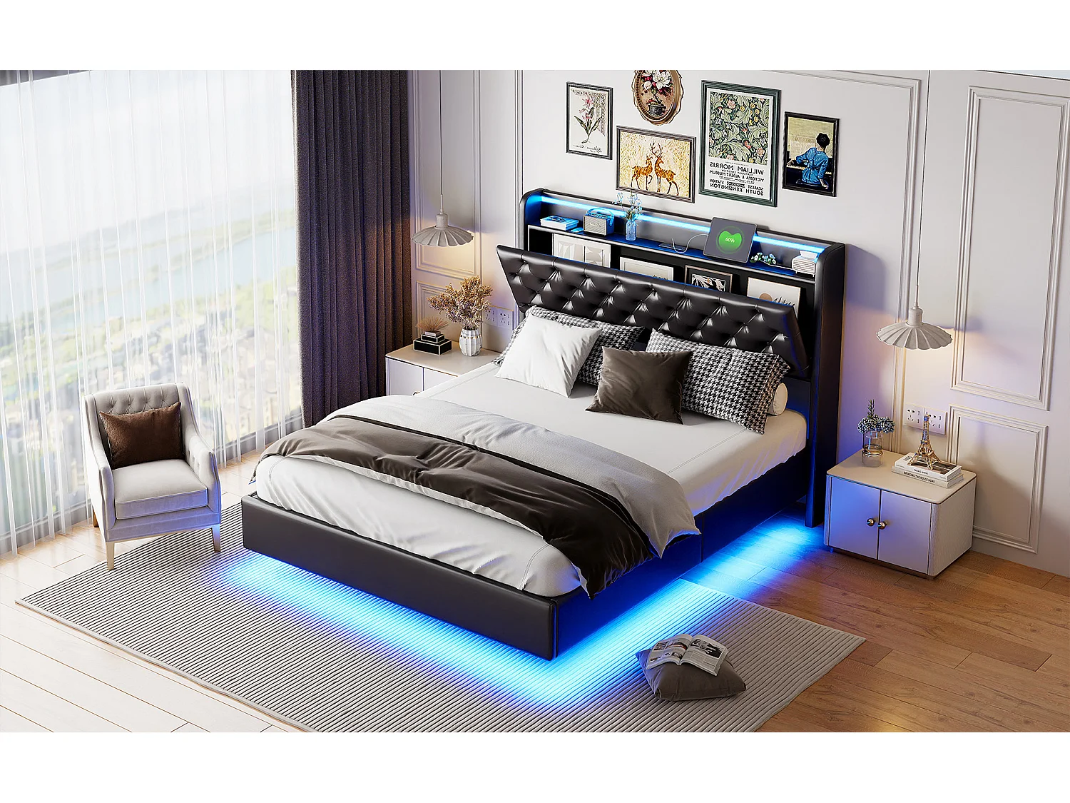 Lit tapis 140x200cm, lit double avec fonction de charge USB, éclairage LED, tête avec espace de rangement, lit suspendu, pieds de lit cachés, finition cuir, noir