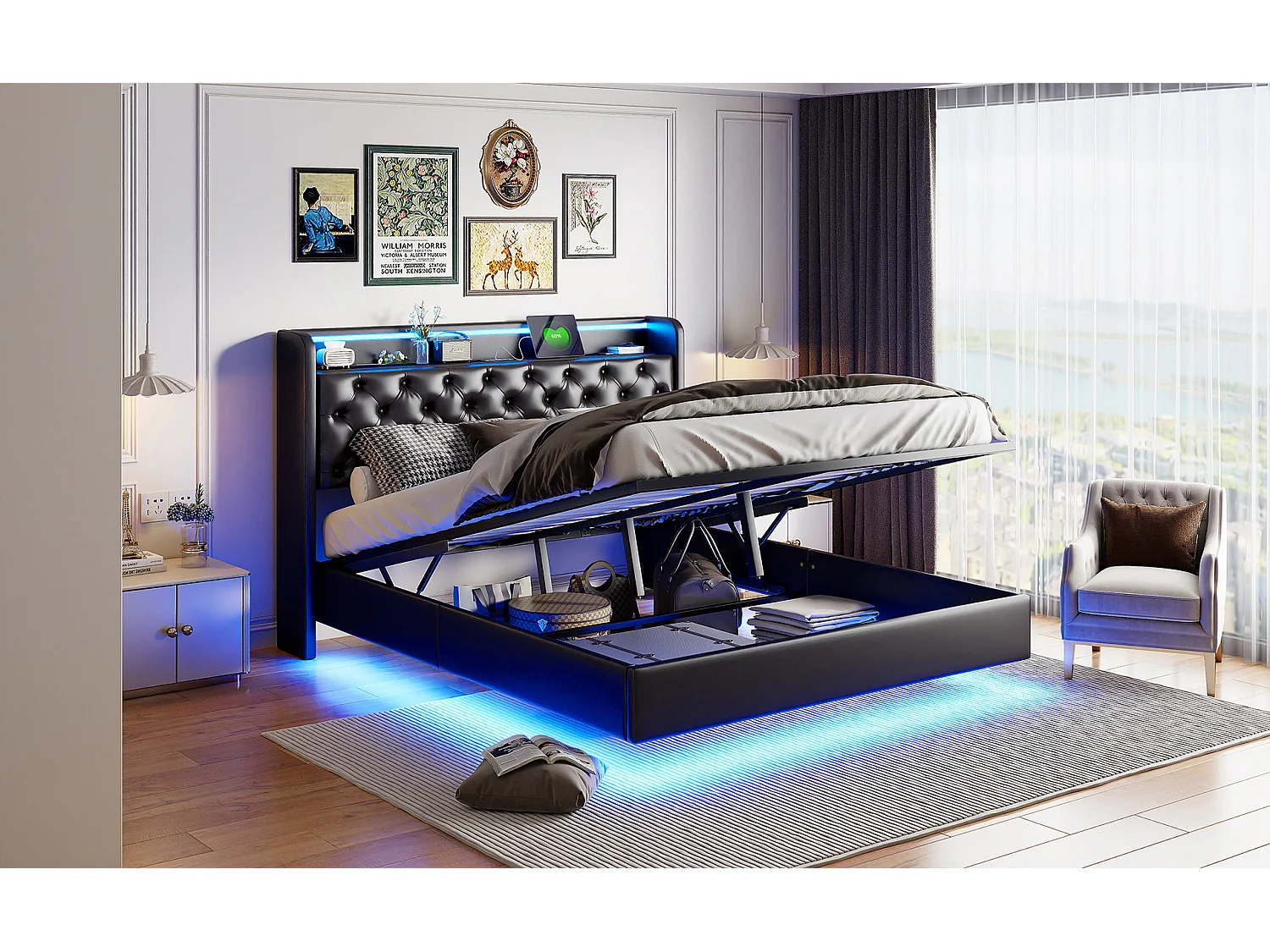 Lit tapis 140x200cm, lit double avec fonction de charge USB, éclairage LED, tête avec espace de rangement, lit suspendu, pieds de lit cachés, finition cuir, noir