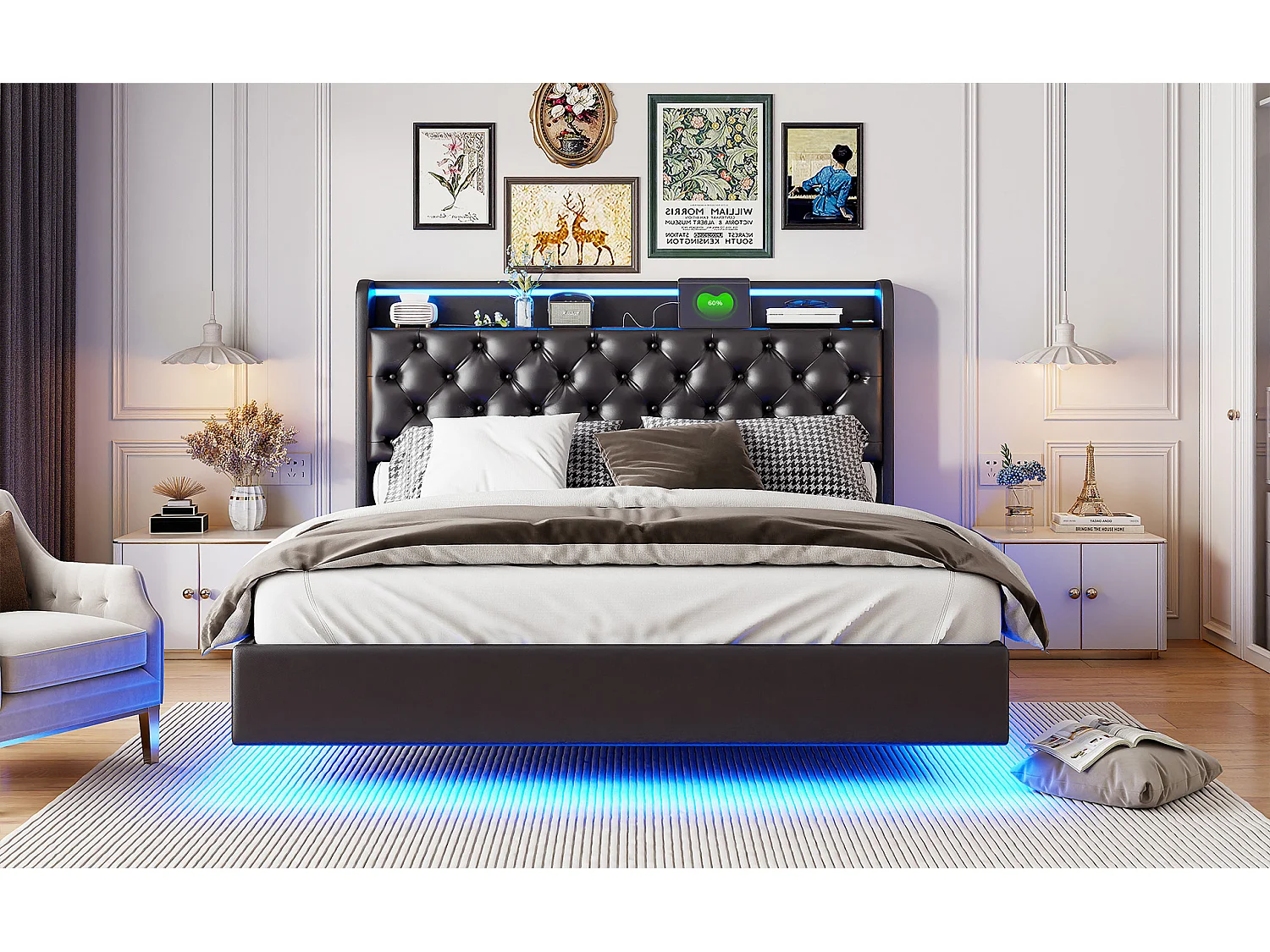 Lit tapis 140x200cm, lit double avec fonction de charge USB, éclairage LED, tête avec espace de rangement, lit suspendu, pieds de lit cachés, finition cuir, noir
