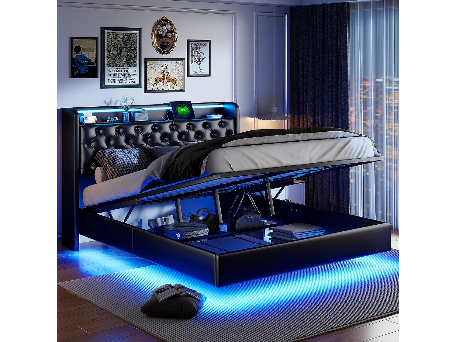 Lit tapis 140x200cm, lit double avec fonction de charge USB, éclairage LED, tête avec espace de rangement, lit suspendu, pieds de lit cachés, finition cuir, noir