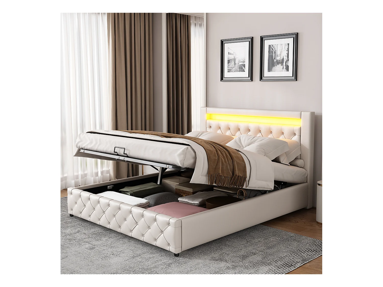 Lit rembourré 160 x 200 cm, lit fonctionnel avec cadre à lattes et rangement, avec éclairage LED, avec rangement, blanc, pu