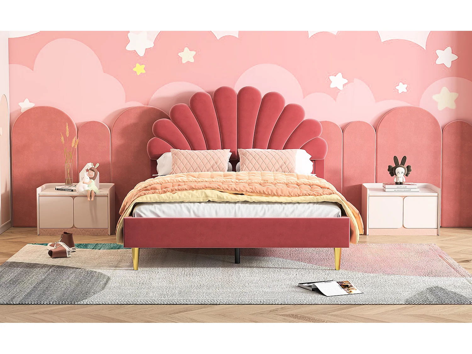 Lit rembourré 140x200 cm, lit double avec dossier de tête de lit en velours en forme de nuage, lit rembourré sans matelas, sommier à lattes, lit jeune, lit enfant