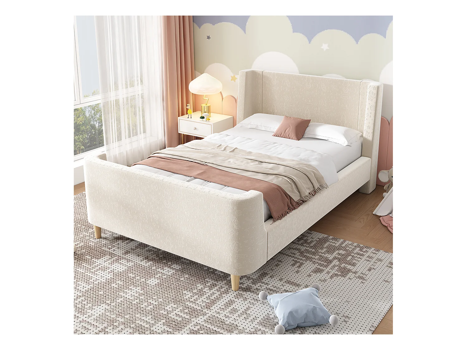 Lit enfant 90x200cm, en velours beige, sommier à lattes, sans matelas