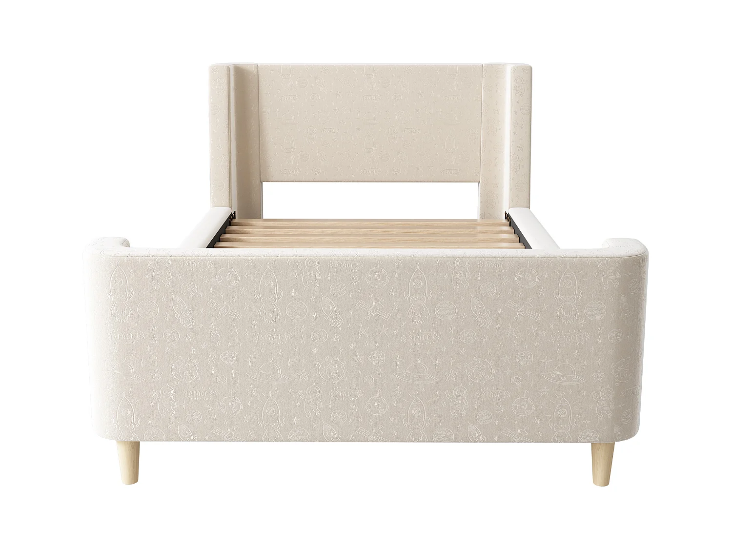 Lit enfant 90x200cm, en velours beige, sommier à lattes, sans matelas