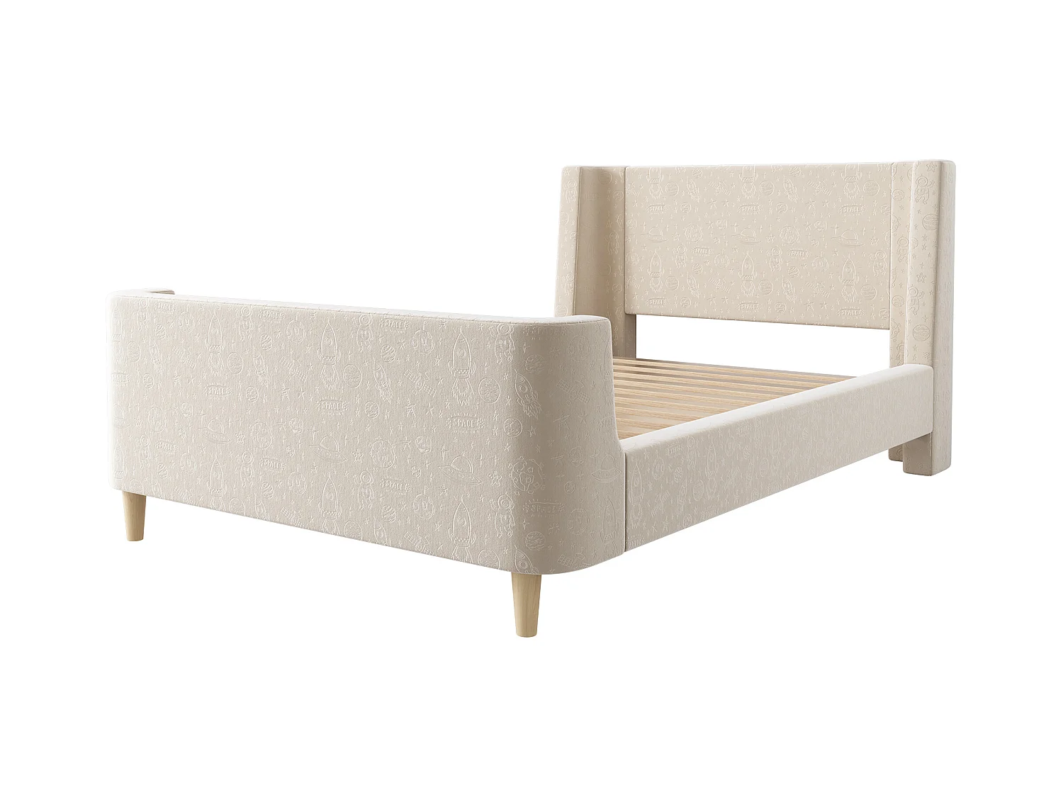 Lit enfant 90x200cm, en velours beige, sommier à lattes, sans matelas