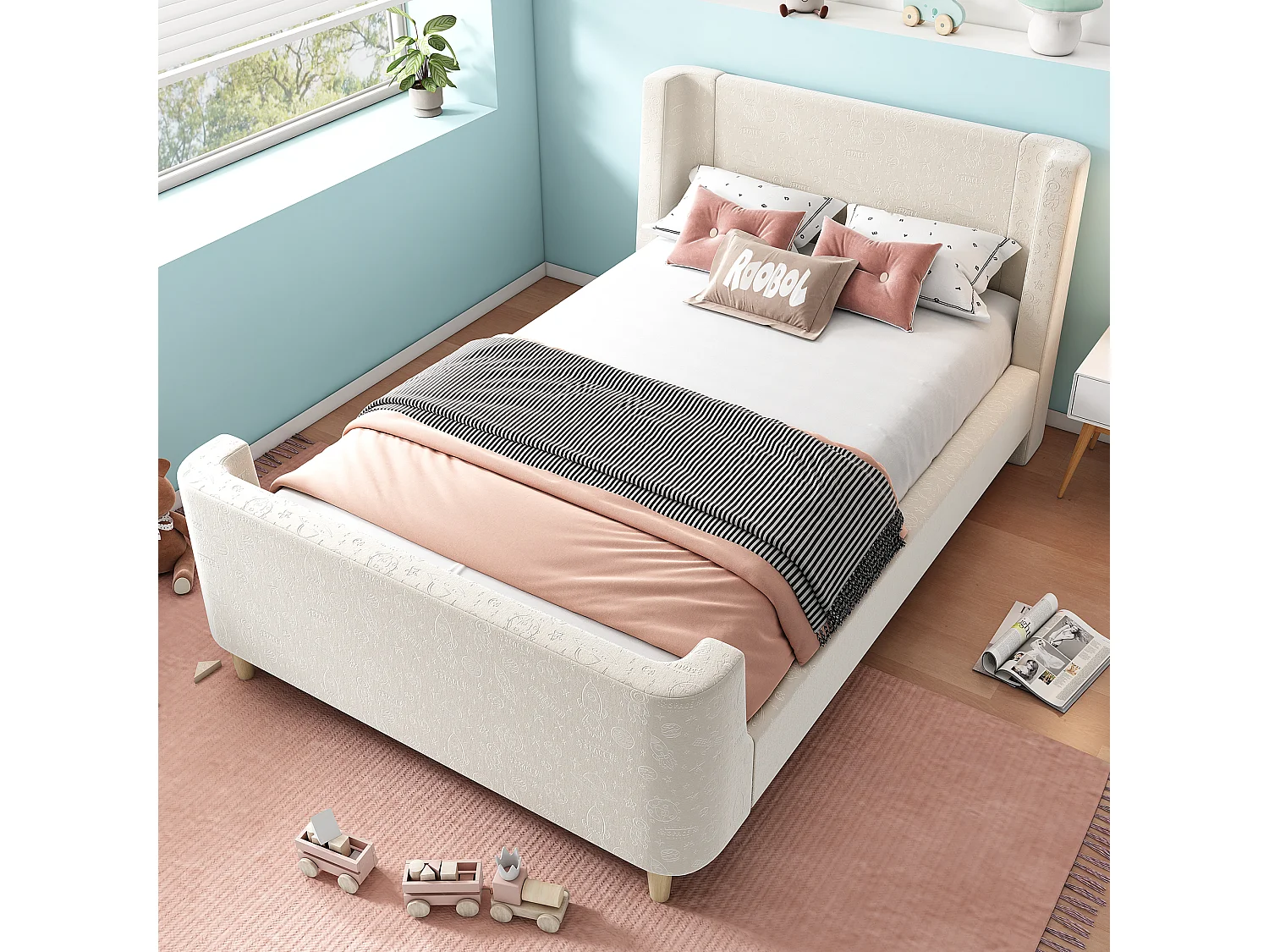 Lit enfant 90x200cm, en velours beige, sommier à lattes, sans matelas