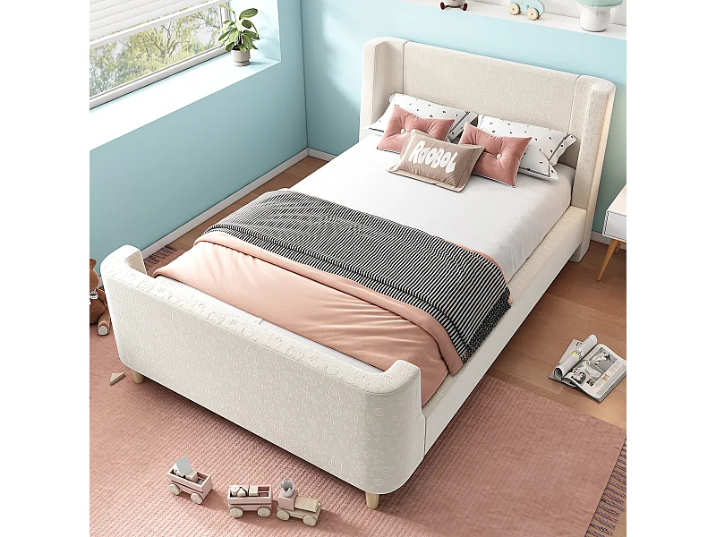 Kinderbed 90x200 cm in beige fluweel, lattenbodem, zonder matras