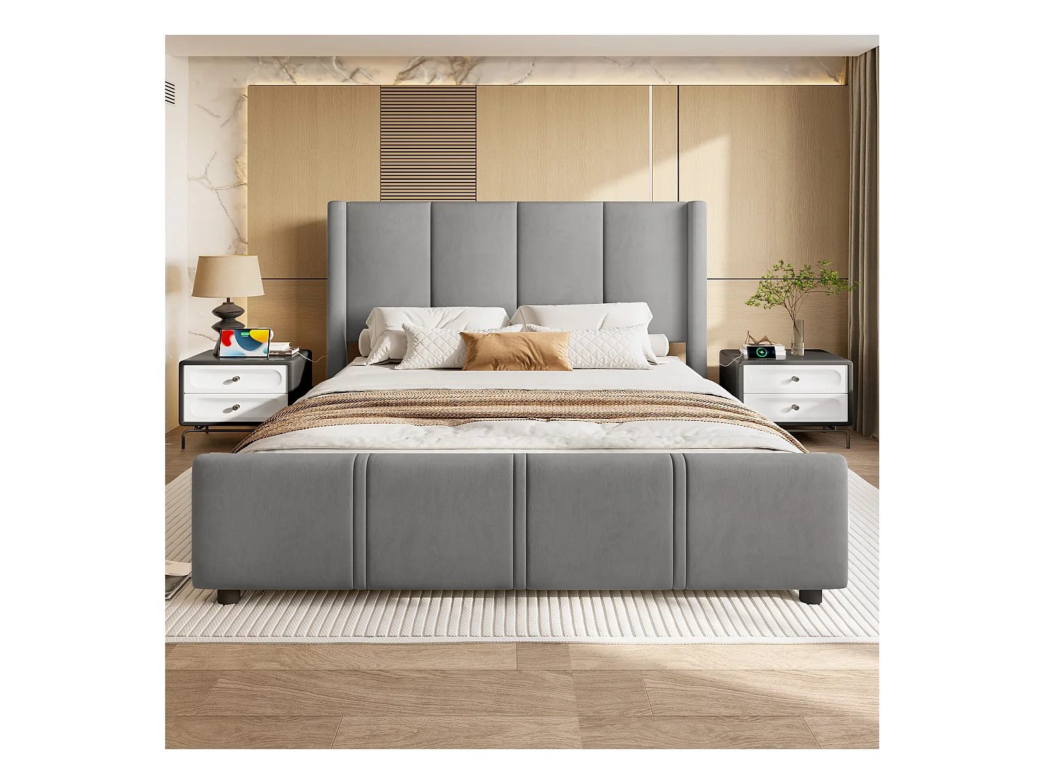Lit adulte 140x200cm avec USB type-C, en velours gris, sommier à lattes, sans matelas