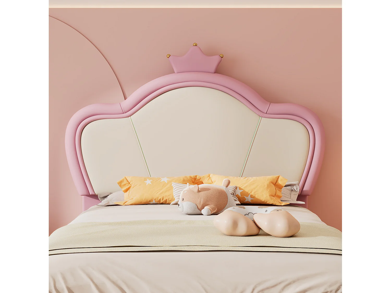 Lit rembourré, lit bébé avec bords protecteurs doux, tête de lit avec couronne, pieds de lit en métal, élégant profil de tête de lit rembourré