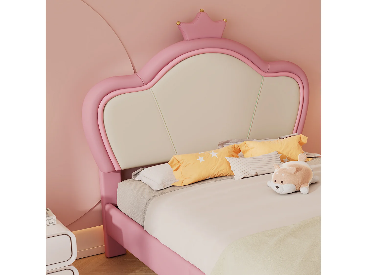 Lit rembourré, lit bébé avec bords protecteurs doux, tête de lit avec couronne, pieds de lit en métal, élégant profil de tête de lit rembourré