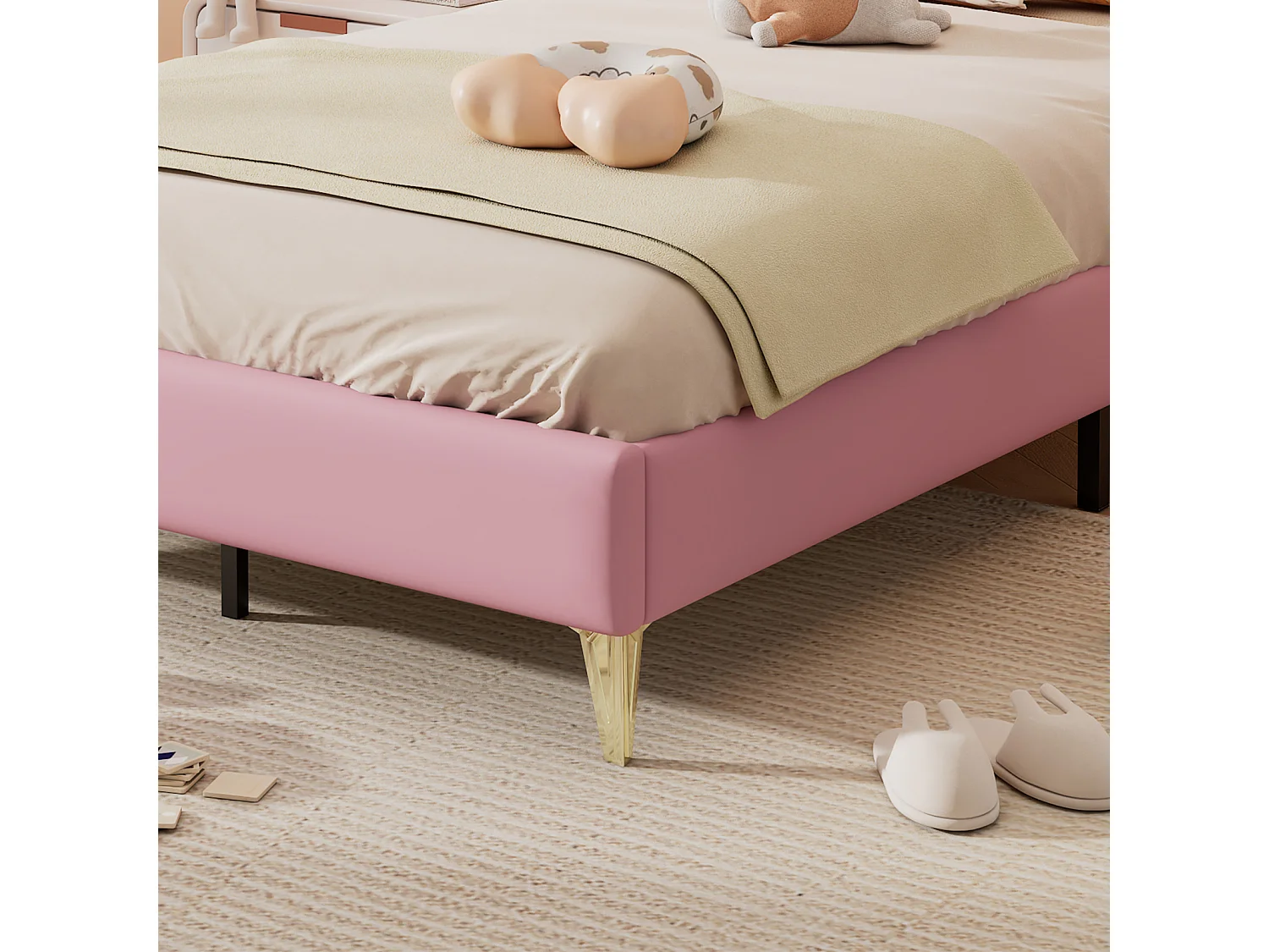 Lit rembourré, lit bébé avec bords protecteurs doux, tête de lit avec couronne, pieds de lit en métal, élégant profil de tête de lit rembourré