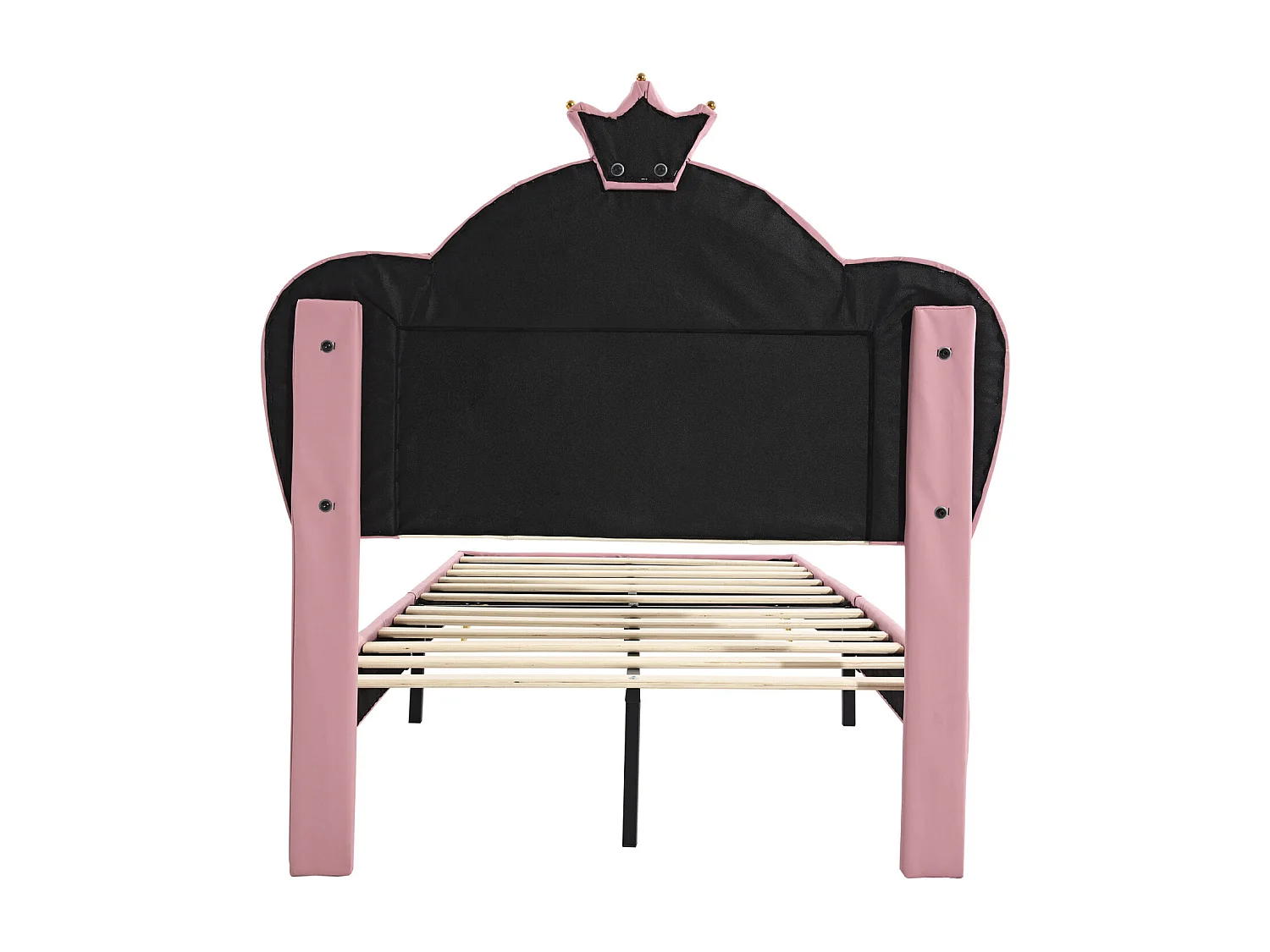 Lit rembourré, lit bébé avec bords protecteurs doux, tête de lit avec couronne, pieds de lit en métal, élégant profil de tête de lit rembourré