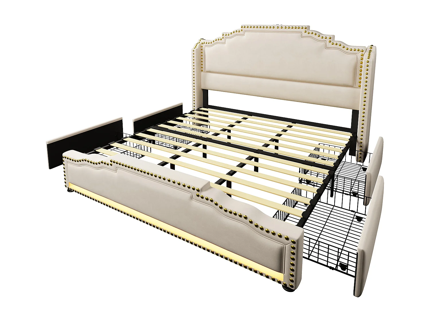 Lit adulte 180x200cm avec 4 tiroirs, LED multicolore et USB type-C, en velours beige, sans matelas